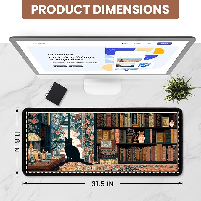 Aesthetic Desk Mat, Cute Black Cat Desk Pad Protector for Work & Decor, 31.5" x 11.8", Pretty Non-Slip Extended Mouse Pad for Office or Home