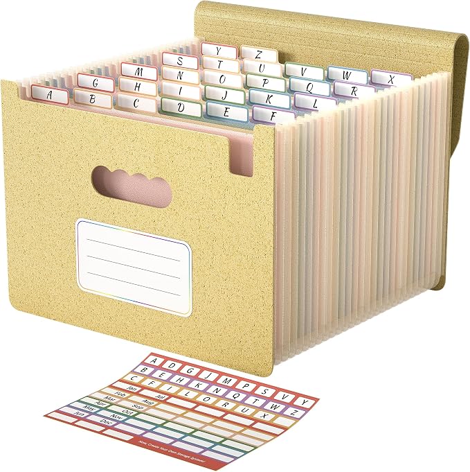 ABC life 26 Pockets Accordion File Organizer, Butter Yellow | Expanding File Folder for Letter/A4 Size, Portable Document Holder with A-Z Tabs for Tax Receipt, School, Home, Office