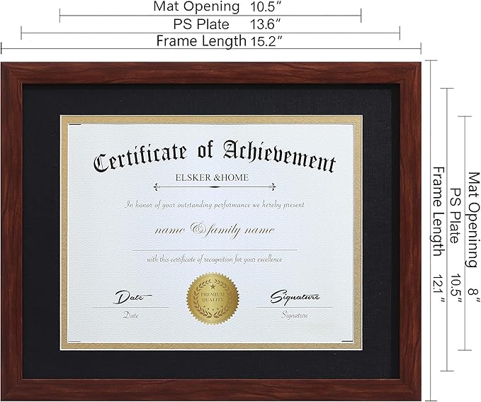 ELSKER&HOME 8.5x11 Certificate Frame - Classic Coffee Color Frame - Displays Diploma 8.5x11 Inch with Mat - 11x14 Inch Without Mat - For Document/Photo(Double Mat - Matte Black with Gold Rim)