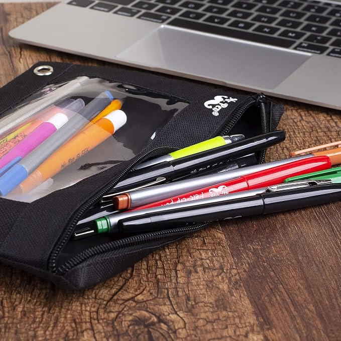 Mr. Pen- Pencil Pouch for 3 Ring Binder, 2 Pack, 10"x6.75", Smooth Zipper | Clear Window, Large Capacity Pencil Case with 3 Reinforced Grommets for School, Office, Supplies Storage