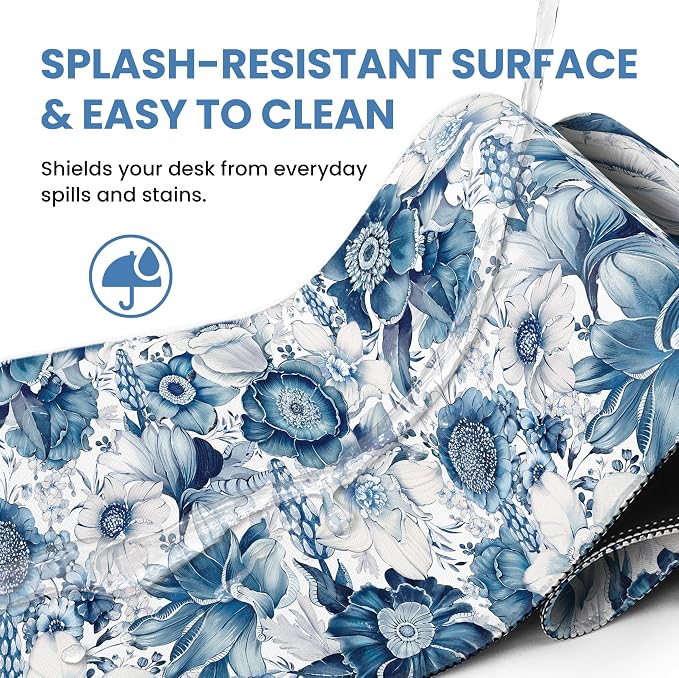 Aesthetic Desk Mat, Cute Blue Floral Desk Pad Protector for Work & Decor, 35.4" x 15.7", Pretty Non-Slip Extended Mouse Pad for Office or Home