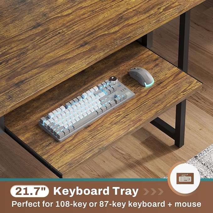 SEDETA L Shaped Computer Desk, Reversible Corner Desk with Power Outlet | Gaming Desk with Pegboard, Led Lights, Keyboard Tray, Headphone Hook and Storage Shelves, Rustic Brown
