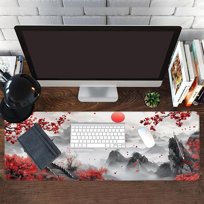 Long Gaming Mouse Pad Extended Anime Large Desk Pad with Non-Slip Base Full Keyboard Mat with Stitched Edges for Gaming and Office 31.5 x 11.8 inches (Mountain Cherry)