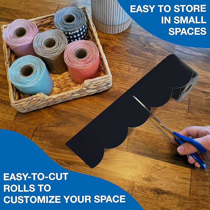 Carson Dellosa Education 65Ft of Black Bulletin Board Borders, 1 Roll of Scalloped Trim for Rolling Whiteboard, Cork and Posterboard, Party, Office Decorations, and Classroom Decor