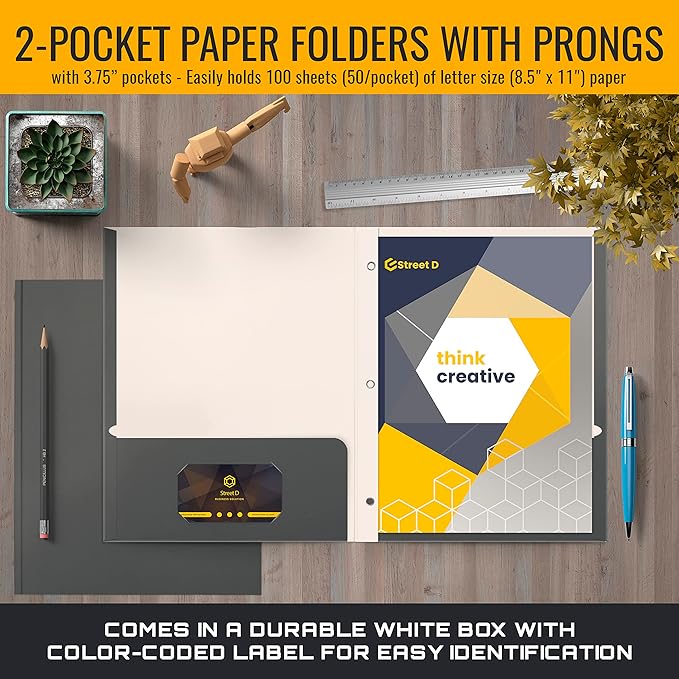 Better Office Products Gray Paper 2 Pocket Folders with Prongs, Matte Texture, Letter Size Paper Folders, 50 Pack, with 3 Metal Prong Fastener Clips, Gray