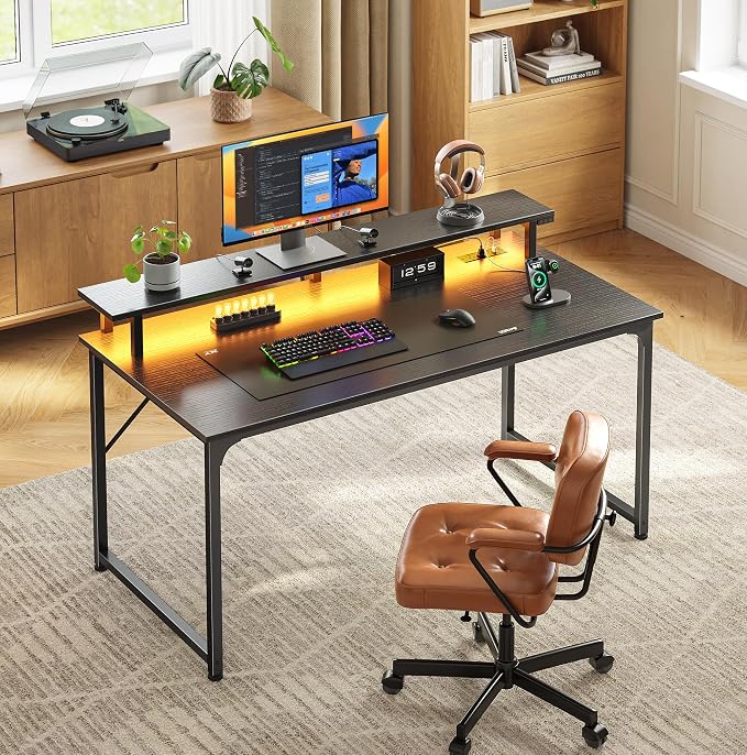 40 inch Gaming Desk, LED & Power Outlets, Monitor Stand, Black | Sturdy PC Desk for Home Office, Study & Work, LED Lights, 4 AC Outlets & USB-C Charging Station