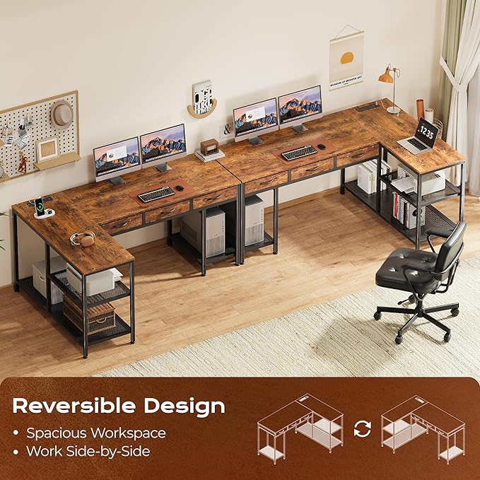 PRAISUN 55 Inch L Shaped Office Desk with Power Outlets and Type-C Port, Large Computer Gaming Desk with 3 Fabric Drawers, Mesh Shelves, Corner Study Work Writing Desk, Rustic Brown