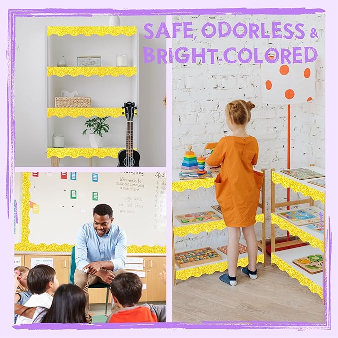 60 Feet Bulletin Board Borders, 45 Sheets Golden Glittering Scalloped Border Trim, Walls, Desks, Windows, Doors, Chalkboards, Whiteboards Decors for School, Classroom, Home & Offices