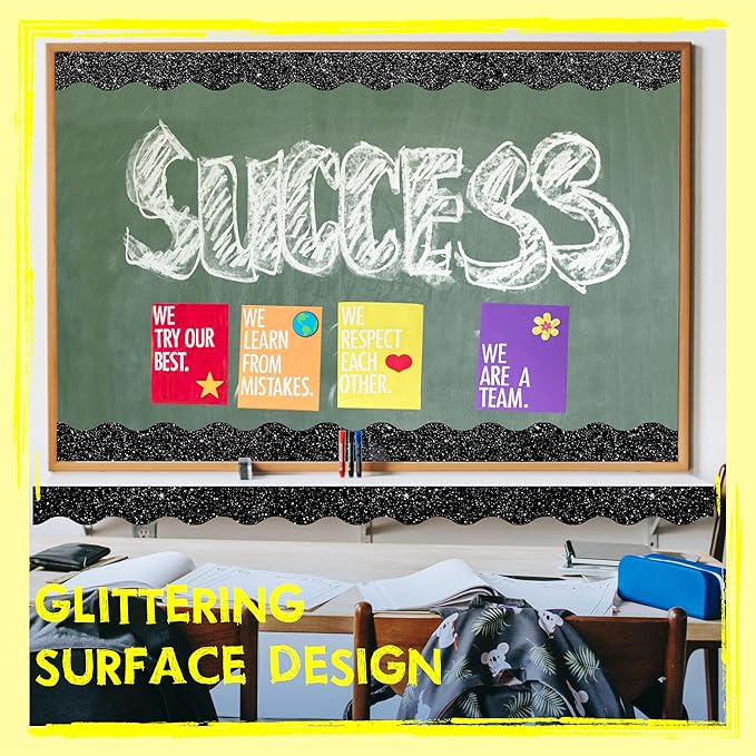60 Feet Bulletin Board Borders, 45 Sheets Glittering Scalloped Border Trim, Walls, Desks, Windows, Doors, Chalkboards, Whiteboards Decors for School, Classroom, Home & Offices (Black)