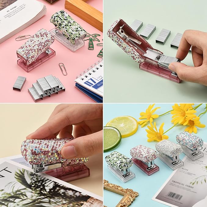 Bling Rhinestone Stapler, Sparkly Diamond Staplers, Cute Desk Stapler for Women & Girls, Bling Crystal Machine Pretty Office Stationery Kit (Pink with AB Color Plated, Small)