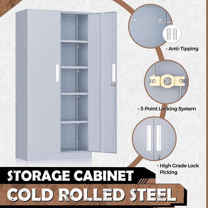 Metal Storage Cabinet, 72” H Storage Cabinet with Doors and Adjustable Shelves for Office, Home, Garage, Pantry (Assembly Required, Cement Grey)