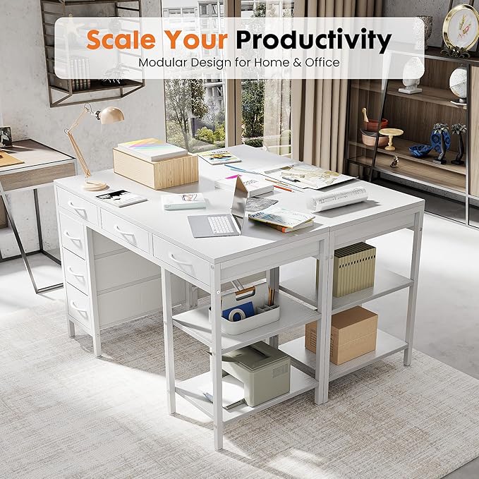 Sweetcrispy 47" Computer Desk with 6 Fabric Drawers & Storage Shelves | Reversible Gaming Desk, Office Desk, Computer Workstation, Corner Desk with Storag, Home Office, Living Room, White