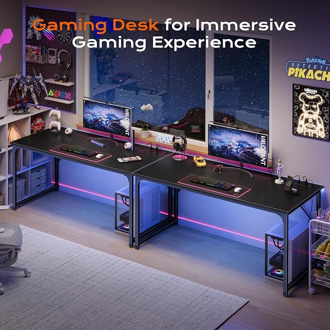 54 X 24 Inch Deeper Desk with Power Outlets | Large Computer Desk for Bedroom, Office Desk for Work from Home, Writing Study Gaming Table, Stable Metal Frame, Black