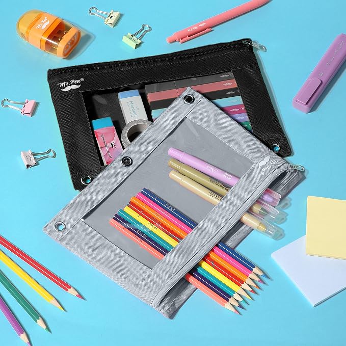 Mr. Pen- Pencil Pouch for 3 Ring Binder, 2 Pack, 10"x6.75", Smooth Zipper | Clear Window, Large Capacity Pencil Case with 3 Reinforced Grommets for School, Office, Supplies Storage