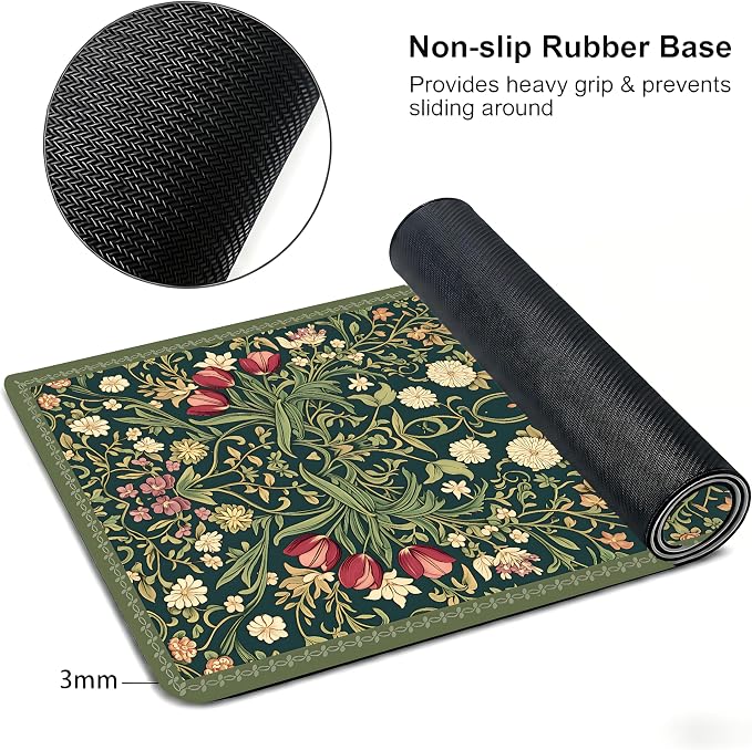 Cute Floral Aesthetic Dahlia Gaming Mouse Pad, Dark Green Rug Desk Mat with Anti-Slip Base & Stitched Edges, Office & Home Desk Decor for Women, 35.4" x 15.7" in Computer Desktop Mat