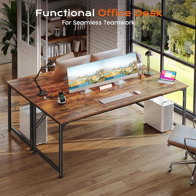 63 X 30 Inch Extra Deep Desk with Power Outlets | Long Computer Desk for Bedroom, Office Desk for Work from Home, Writing Study Gaming Table, Stable Metal Frame, Rustic Brown
