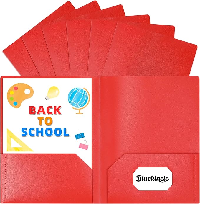 6 Pack Folders with Pockets Red, 2 Pocket Plastic Folder with Pockets for School File Folder for Documents Letter Size with Business Card Slot Back to School Office Teacher Supplies