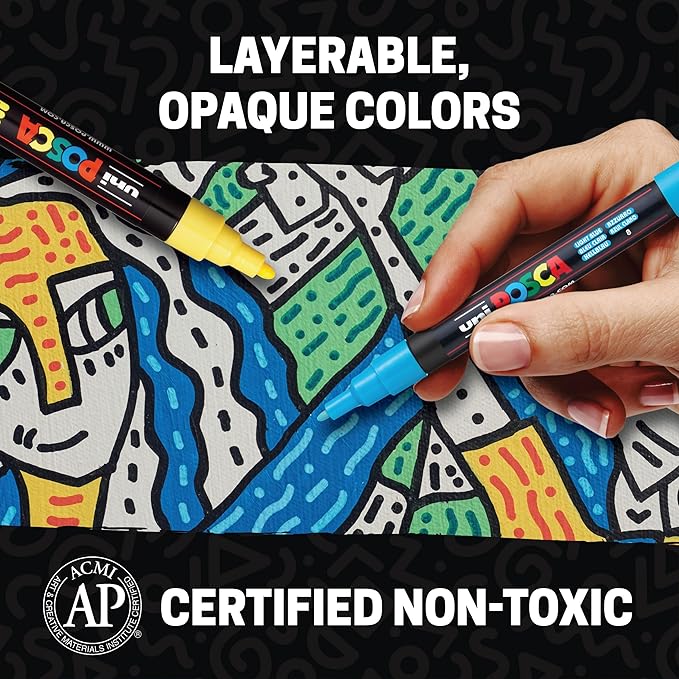 Posca Paint Markers, 5M Medium Acrylic Markers with Reversible Tips, Artist Recommended For Gifts, Fabric, Metal, Glass, Wood and Canvas, Assorted Colors, Set of 8