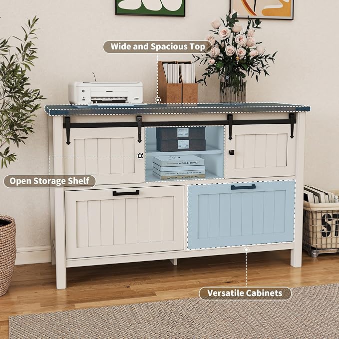 Farmhouse File Cabinet for Home Office, White Printer Stand | Office Credenza Storage Cabinet,Sliding Barn Doors & 2 Large File Drawers for Legal/A4/Letter Size, Home Office, Living Room