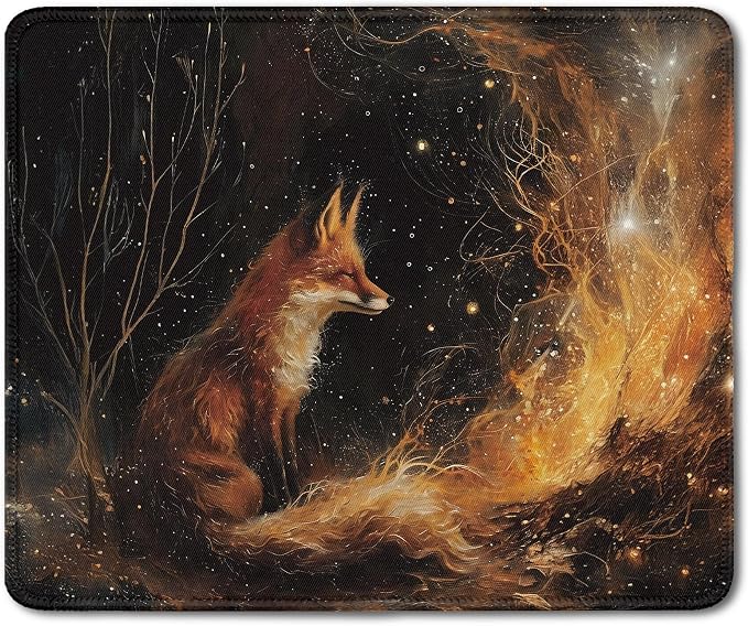 Vintage Fox Campfire Mouse Pad, Fox Lover Gifts, Mystical Enchanted Forest Wild Animal Mouse Pads for Desk Home Office Dorm Computers Laptop, Camping Nature Desk Accessories, 9.5x7.9 Inch