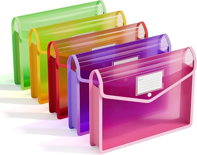ThinkTex Plastic Expanding File Folders, Transparent Envelopes with Snap | Suitable for Home, Office, School, Large Capacity, No Dividers, Dopamine 5-Color, Fits Letter/A4 Size - 5 Pack