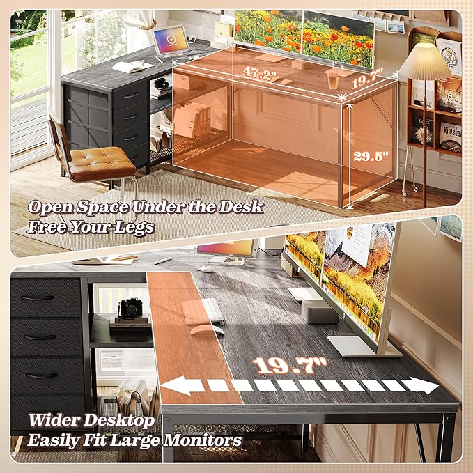 61" L Shaped Desk with Power Outlets & 4 Drawers | Reversible Computer Desk with 2 Storage Shelves, Large Corner Office Desk for Gaming Writing Work Study, Grey