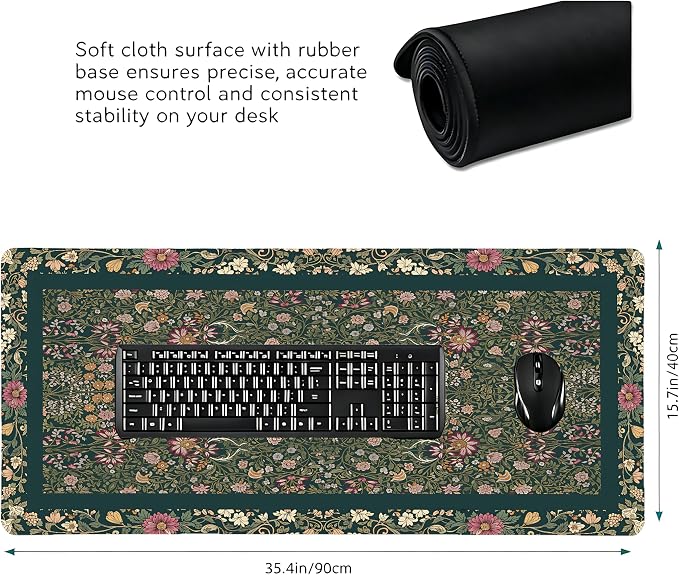 Cute Floral Aesthetic Daisy Gaming Mouse Pad, Dark Green Rug Desk Mat with Anti-Slip Base & Stitched Edges,35.4" x 15.7" in Table Mat for Computer Desktop, Beautiful Workstation Decor