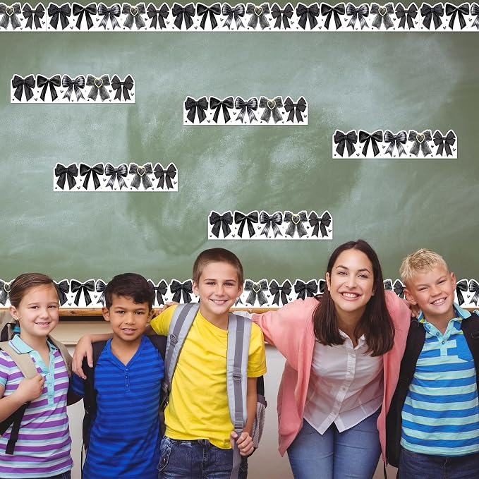 BeYumi Black Bows Border Trim - 65ft Back to School Watercolor Black Bow Coquette Rolled Border Trim Watercolor Bulletin Board Classroom Office Chalkboard Kindergarten Elementary Home Party Decor