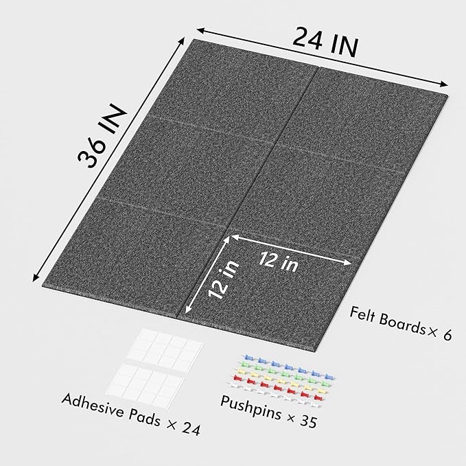 Large Cork Board for Wall, 36" x 24" Bulletin Board with Pushpins, 6 Panels Felt Tiles Tack Push Pin Board for Office, Dark Gray