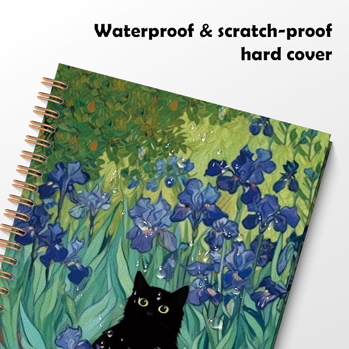 ROXMART Irises Floral Black Cat Spiral Notebook, Black Cat Gifts Journal, Cats Lover Gifts for Women, Abstract Flower Field Kitty Kitten Hardcover Notebook Journal, 5.5x8.3 Inch