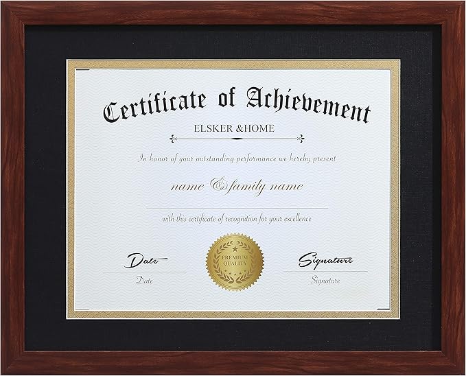 ELSKER&HOME 8.5x11 Certificate Frame - Classic Coffee Color Frame - Displays Diploma 8.5x11 Inch with Mat - 11x14 Inch Without Mat - For Document/Photo(Double Mat - Matte Black with Gold Rim)