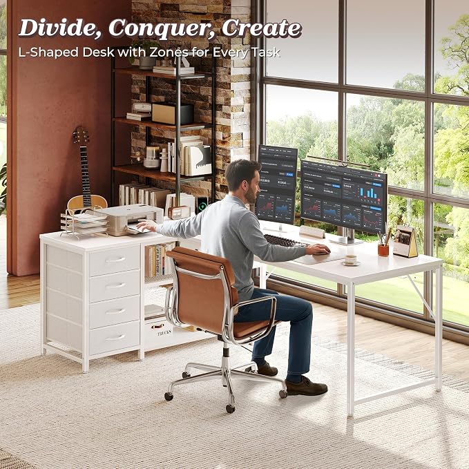 61" L Shaped Desk with Power Outlets & 4 Drawers | Reversible Computer Desk with 2 Storage Shelves, Large Corner Office Desk for Gaming Writing Work Study, White
