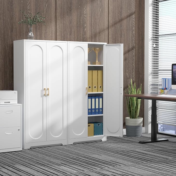 60" Tall Metal Storage Cabinet with Doors, White Pantry Cabinet | Metal Kitchen Pantry Cabinet, kitchen Cupboard, Metal Cabinet for Garage, Dining Room, Home Office, Living Room & School