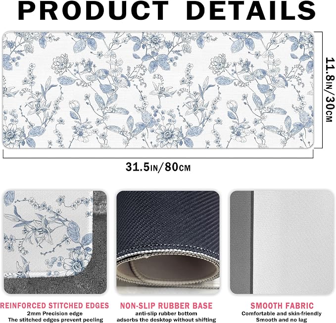 Light Blue Mouse Pad, Blue Flroal Desk Mat for Desk 31.5x11.8 | Light Blue And White Desk Mat, Chinoiserie Desk Mat Aesthetic, Flroal Desk Pad For Computers Office, Blue Office Supplies