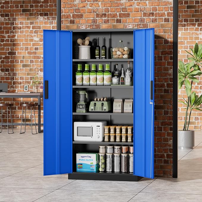 Greenvelly Metal Storage Cabinet, 72" Locking Metal Garage Storage Cabinet with Doors and 4 Adjustable Shelves, Lockable Steel Cabinet for Home Office, Garage, Shop, School (Blue 32" W x 16" D)
