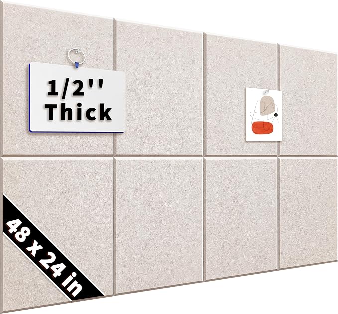 1/2'' Thick Cork-Bulletin Board Felt Wall Tiles Squares 12 x 12 in | 1700g/m² High Density Felt Pin Boards for Walls, Adhesive, Frameless, Modular, Renter Friendly, Removable, Light Color, 8Pcs