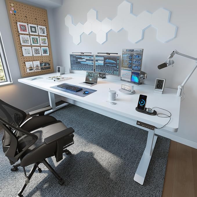 FEZIBO Standing Desk 63 × 37 Inch Electric Height Adjustable, White | 1" Thick Large Adjustable Desk with Integrated Dual-Beam, Cable Management, Computer Desk for Home Office Workstation