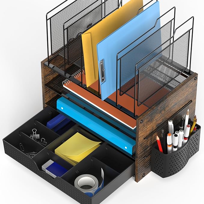 Simple Houseware Mesh Desk Organizer with Wooden Side Board, Rustic Brown | 2 Horizontal Shelves and 5 Upright Sections with Sliding Adjustable Drawer