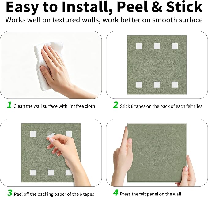 1/2'' Thick Felt Bulletin Cork Board Tiles for Walls Self Adhesive | Frameless Corkboard Alternative, 1700g/m² Dense Felt Board Squares, Renter Friendly, Removable, Sage, 8 Pack 12x12 in