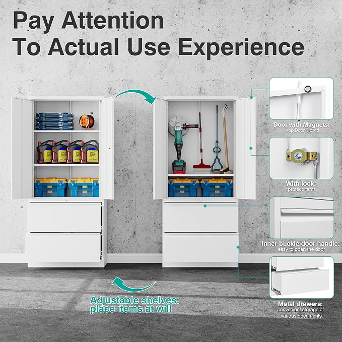 Storage Cabinet Metal Display Cabinet with Glass Doors, 71in H x 31.5in W x 15.7in D, White, Kitchen Pantry Cabinet for Home Office, Bathroom, Bedroom, Living Room