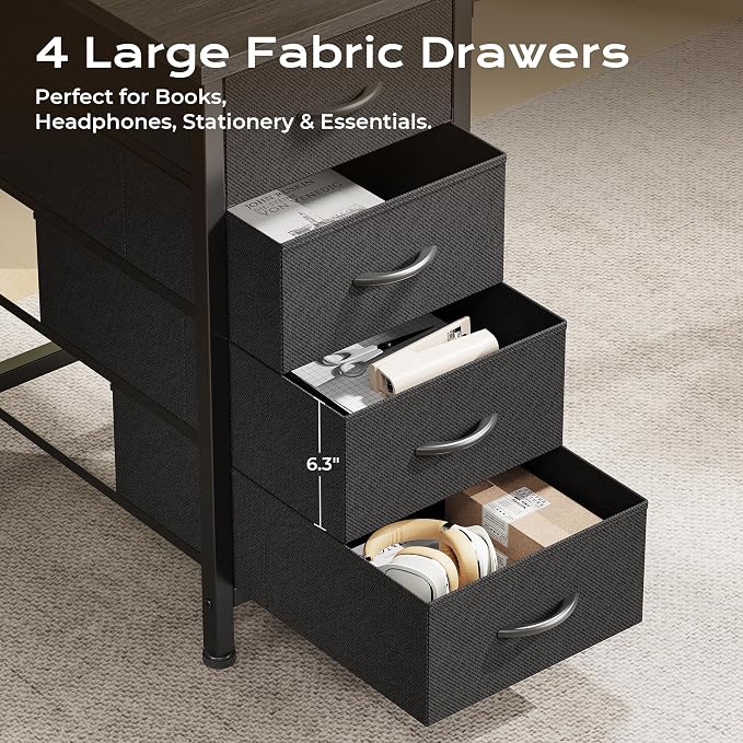 Huuger 55 Inch L Shaped Desk with Fabric Drawers, Reversible Computer Gaming Desk with Power Outlets and USB-C Port, Adjustable Side Storage Shelves, for Work Study Corner Home Office, Grey,1CD078H