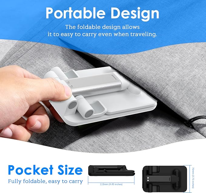 2 Pack Cell Phone Stand for Desk, Adjustable Angle & Height, Foldable Portable Phone Holder with Anti-Slip Silicone Pad, Compatible with iPhone 17/16/15/14/Smartphones 4–8 Inch, Black&White