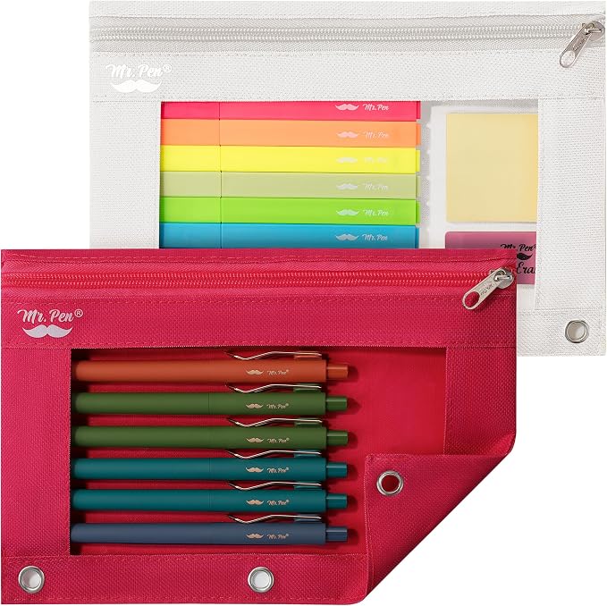 Mr. Pen- Pencil Pouch for 3 Ring Binder, 2 Pack, 10"x6.75", Smooth Zipper | Clear Window, Large Capacity Pencil Case with 3 Reinforced Grommets for School, Office, Supplies Storage | Clear Window, Large Capacity Pencil Case with 3 Reinforced Grommets f...