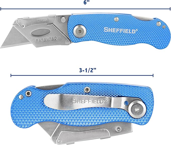 Sheffield Folding Utility Knife, Accepts Standard Utility Knife Blades, Box Cutter Aluminum Handle, Razor Blades Included, For Home, Office, Trades, and Warehouse
