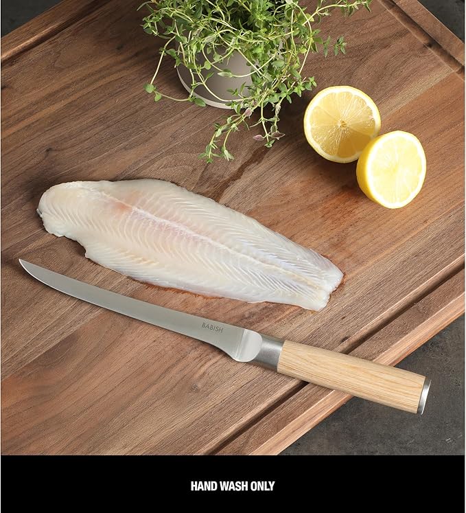 Babish 1.4116 German Stainless Steel Boning & Fillet Knife with Light Pakka Wood Handle – 6-Inch Full-Tang Flexible Kitchen Knife for Meat, Poultry, Fish & Precision Butchering