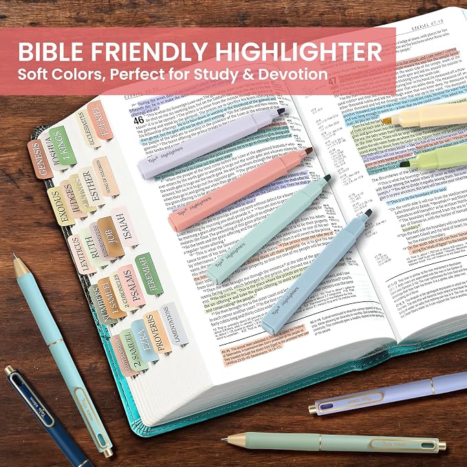 Taja 12 Pack Bible Highlighters and Pens Set, No Bleed and Quick-Drying | 6 Pastel Chisel Tip Highlighters and 6 Black Ink Pens for Bible Study, Journaling, School and Office Supplies