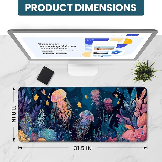 Aesthetic Desk Mat, Cute Ocean Jellyfish Desk Pad Protector for Work & Decor, 31.5" x 11.8", Pretty Non-Slip Extended Mouse Pad for Office or Home