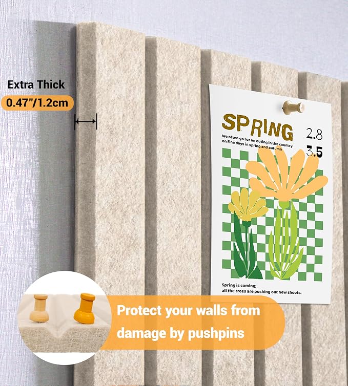 28" x 18" Felt Bulletin Board Tiles 1/2" Thick, Beige | 6 Pack Felt Tiles, Large Cork Board Alternative, 30 Adhesive Tabs, Pin Board for Home Office Decor with Easy Install