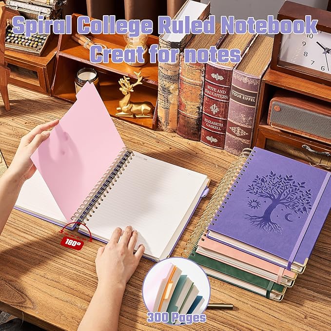 Hardcover Spiral Notebook 8" x 10" with 5 Removable Dividers 300 Pages Leather 5 Subject Notebook College Ruled 100GSM Large Spiral Notebooks for Work Thick Lined Journal for Women, Purple