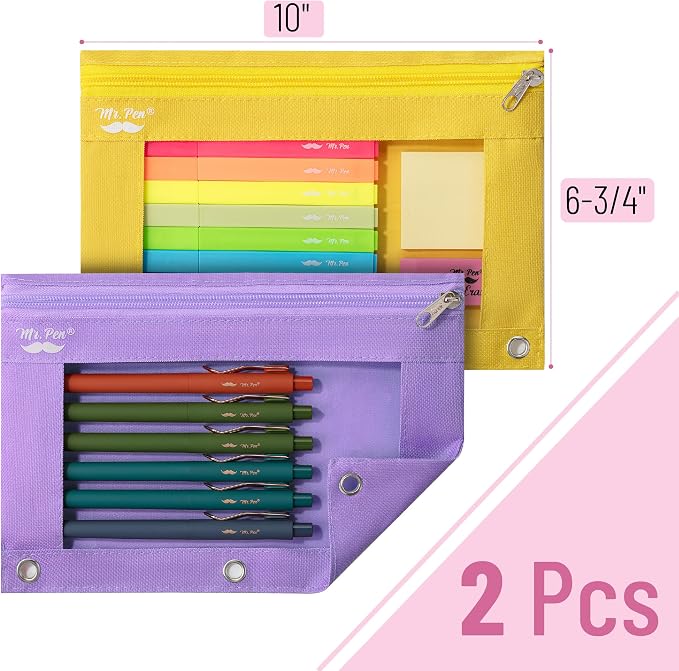 Mr. Pen- Pencil Pouch for 3 Ring Binder, 2 Pack, 10"x6.75", Smooth Zipper | Clear Window, Large Capacity Pencil Case with 3 Reinforced Grommets for School, Office, Supplies Storage | Clear Window, Large Capacity Pencil Case with 3 Reinforced Grommets f...